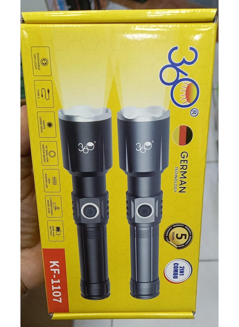 2 IN 1 COMBO Professional Aluminum Alloy Type-C Rechargeable Long Range High Power Torche